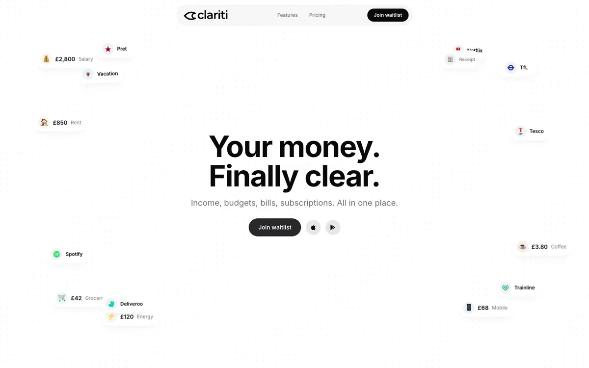 Landing page of Clariti