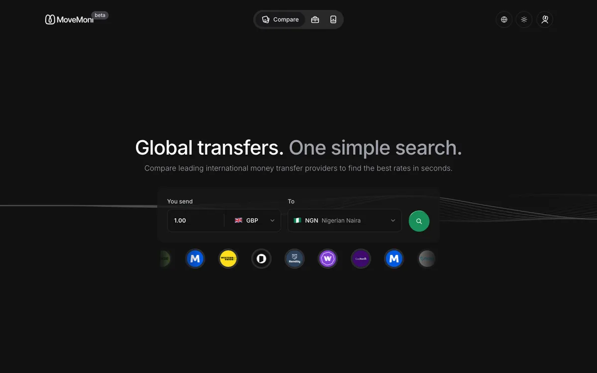Landing page of MoveMoni